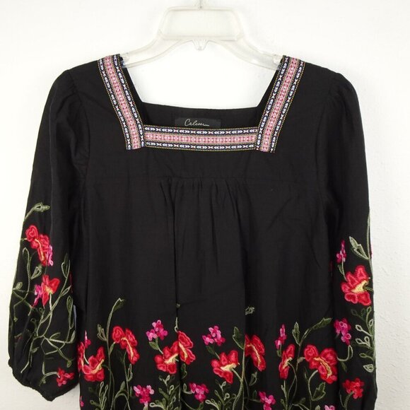 Calessa Embroidered Tunic Top Women's Size M Black Baby Doll Flowy Lined Boho - Picture 2 of 11